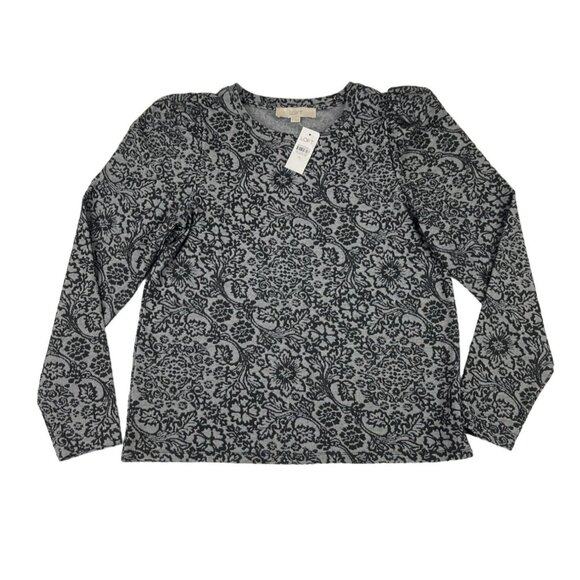 Loft Women's Long Sleeve Blouse M Black Grey Floral Cotton Polyester Spandex - Picture 1 of 4